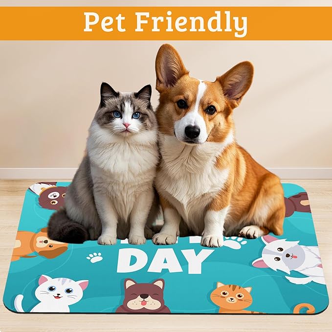 Pet Dog Cat Food Mat,Animal Paws Absorbent Waterproof Placemat for Food and Water Non Slip Rubber Backing Durable Feeding Pad for Clean Floors 16" x 24"