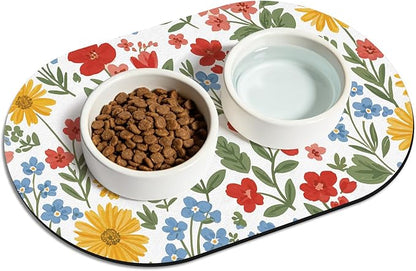 Pet Feeding Mat – 20''x12'' Absorbent Dog Food Mat, Pet Water Mats Protect Floor, No Stains Quick Dry Water Bowl Mats, Non-Slip Rubber Base Pets Placemats for Food and Water, White Floral
