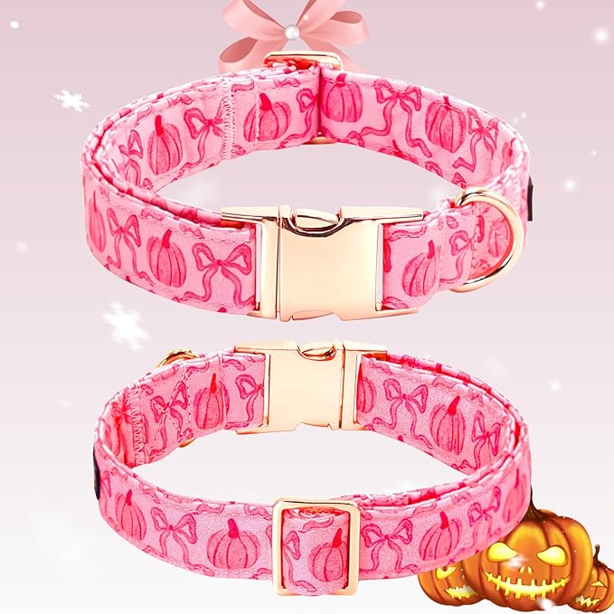 Dog Collar, Pink Pumpkin Print Adjustable Pet Collar Cute Cotton Soft Collars with Bow Tie Fall Metal Buckle Holiday Puppy Collars Boy&Girl Gift for Small Dogs