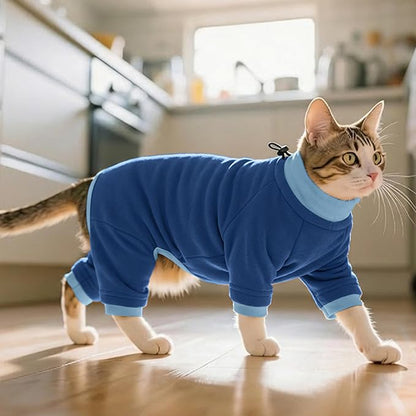 PUMYPOREITY Cat Recovery Suit, Stops Wound Licking After Surgery, Sticky Hair Shirt with Sticky Fabric, Cat Pajamas Prevents Over-Grooming, Blue, S