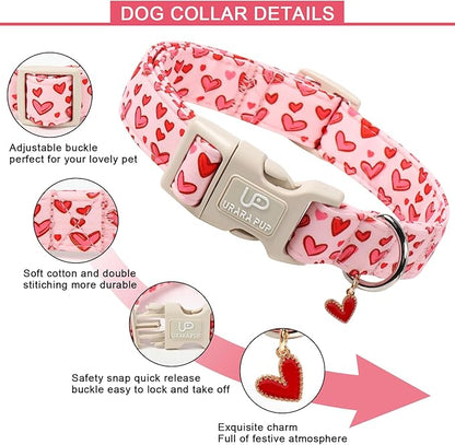 Valentine's Dog Collar, UP URARA PUP Pink Heart in Red Adjustable Pet Collar with Bowknot Charm, Wedding Dog Accessories for Small Medium Large Dogs