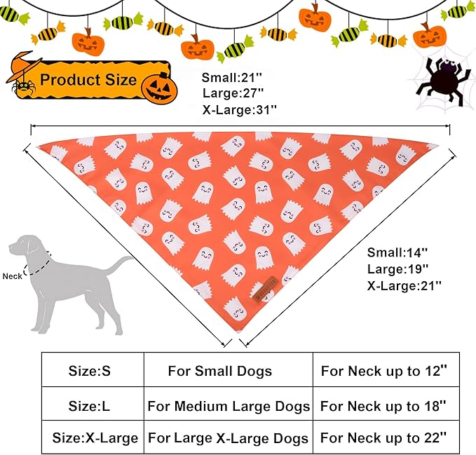 ADOGGYGO Halloween Dog Bandanas 2 Pack, Reversible Pumpkin Ghost Scarf, Premium Fabric, Adjustable Fit Orange Black Halloween Bandanas for Medium Large Dogs (Large)