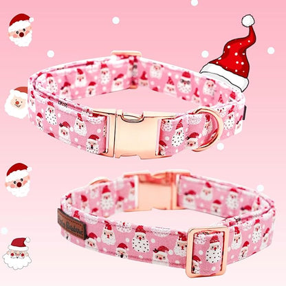 Dog Collar, Christmas Pink Santa Claus Cotton Pet Collar Bow Holiday Girl Boy Cute Puppy Collar Adjustable Pet Collar for Small Dogs