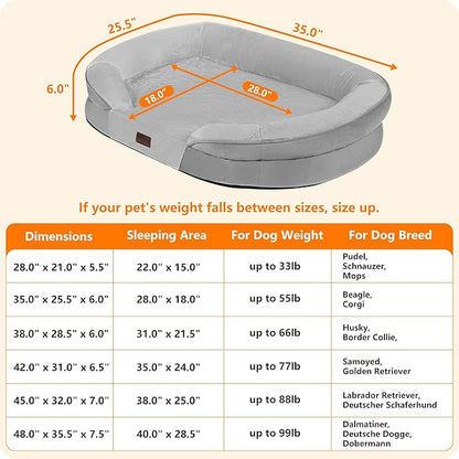 Dwanton Orthopedic Dog Bed for Medium Dogs with Gel Memory Foam, Waterproof Dog Sofa, Washable Pet Bed with Four Sided Bolster Cushion, Removable Cover & Non-Slip Bottom, 35", Light Gray