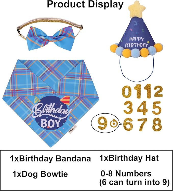 ADOGGYGO Dog Birthday Party Supplies, Blue Birthday Boy Bandana, Bowtie, Numbers, Party Hat for for Medium Large Dogs (Large)