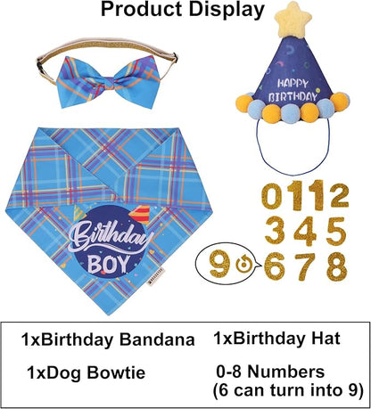 ADOGGYGO Dog Birthday Party Supplies, Blue Birthday Boy Bandana, Bowtie, Numbers, Party Hat for for Medium Large Dogs (Large)