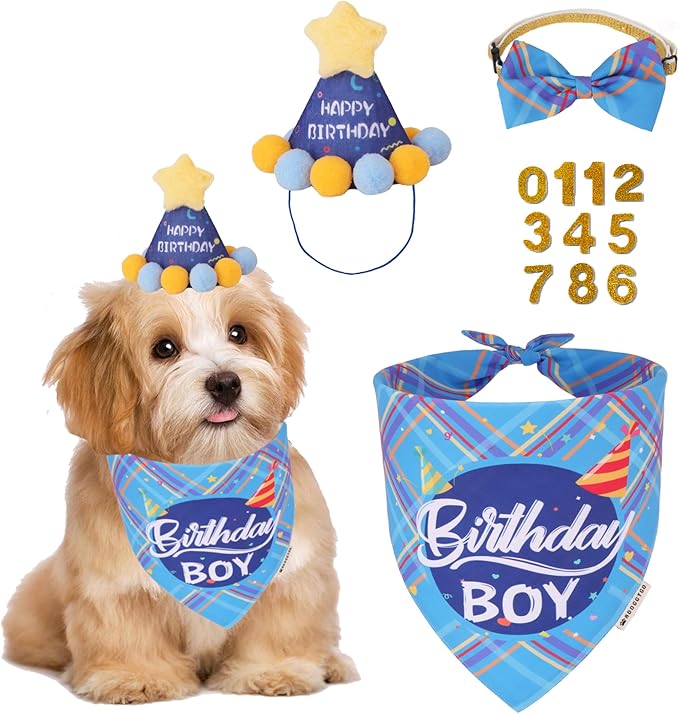 ADOGGYGO Dog Birthday Party Supplies, Blue Birthday Boy Puppy Bandana, Bowtie, Numbers, Party Hat for Small Dogs (Small)
