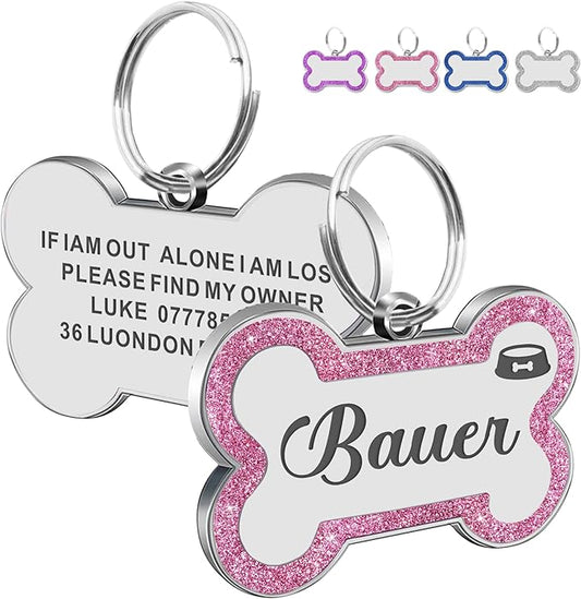 Dog Tags Personalized for Pets Dog Name Tags Personalized Dog Tag Engraved with Any Name & Text Custom Dog ID Tags Glitter Bone ID Tag for Puppy Cat (Pink L, Bone)
