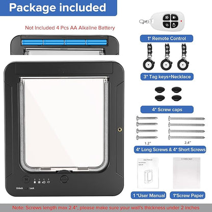 Smart Cat Door for Interior & Exterior, Cat Pet Door with 3 Collar Sensor Keys & 1 Remote Control & 4 Way Locking Cat Flap with RFID Collar Activated Opening