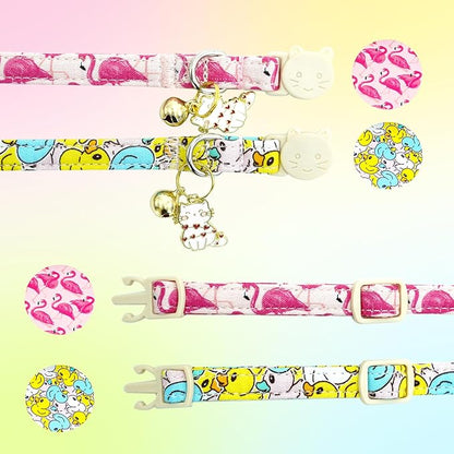 Elegant little tail 2 Pack Cat Collar-Animal Print Cotton Breakaway Cat Collars with Bell Pendant Kitten Boy Girl Safety Adjustable Collar for Small Cats Puppy
