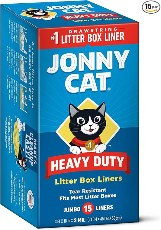 Jonny Cat Litter Box Liners: Heavy Duty - Tear & Leak Resistant - Drawstring Close - Jumbo, 15 Count