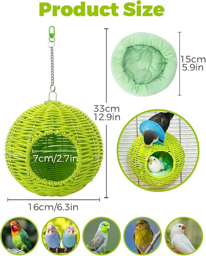 Chewproof Steel Frame Bird Nest for Cage, Washable Small Bird Bed Hammock Hideout Lay Eggs Parakeet Nest Sleep, Parakeet Warm Bed House Hut for Lovebird, Canary, Budgie, Finch (Green)
