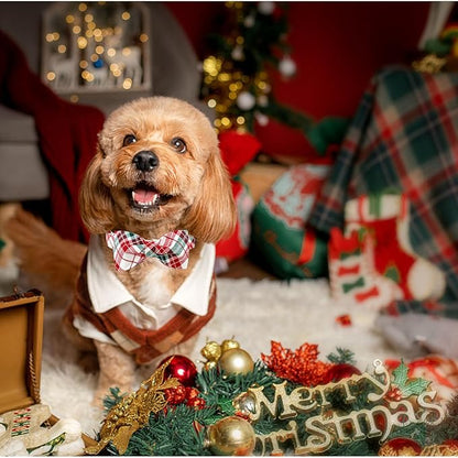 Dog Collar, Christmas Dog Collar Plaid Pet Collar Bow Holiday Bows Girl Boy Puppy Collar Adjustable Pet Collar for Medium Dogs