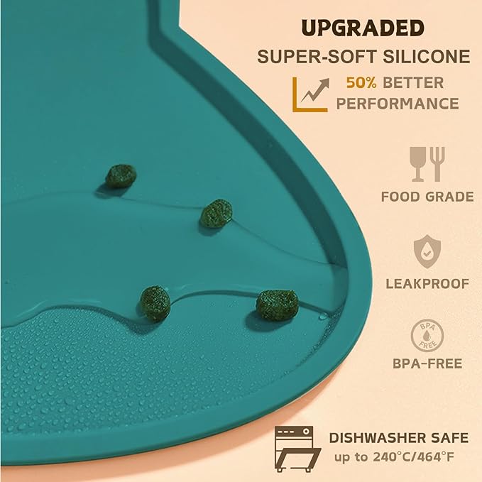 Cat Food Mat, Silicone Pet Feeding Mat for Floor Non-Slip Waterproof Dog Water Bowl Tray Cushion (17" x 10", MARRS Green)