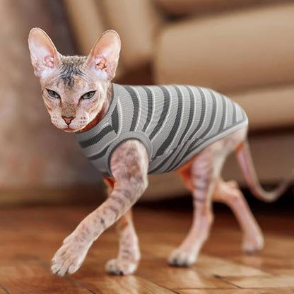 BRKURLEG Hairless Cats T Shirt, Cat Sweaters, Pullover Kitten Shirts, Sleeveless Round Collar Cotton Vest for Cornish Rex Devon Rex Peterbald and Small Dogs Sweater(Grey Stripes, S)