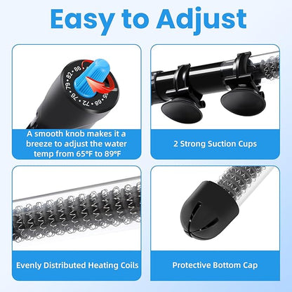 AQUANEAT Aquarium Heater, 100W Fish Tank Heater, Adjustable Submersible Water Thermostat with Thermometer