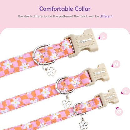 Faygarsle Floral Dog Collar, Pink and Orange Pattern with White Flowers, Spring Summer Design for Small Medium Large Dogs L