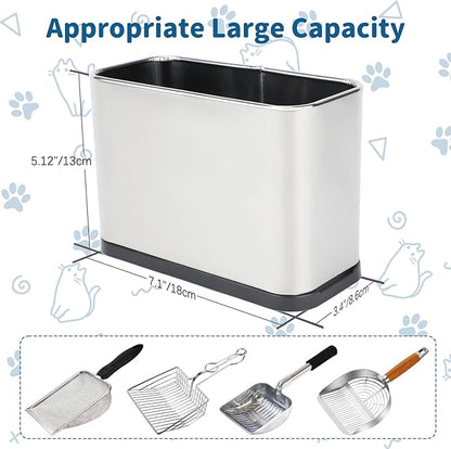 FHTONGE Stainless Steel Cat Litter Scoop Holder, Detachable Metal Cat Scooper Caddy, Universal Kitty Pooper Stand Trash Can Container for Most Pet Poop Shovels, Kitten Waste Scoops Storage Box