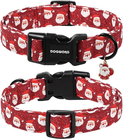 DOGWONG Christmas Dog Collar, Red Santa Claus Print Cute Dog Collars Winter Holiday Male Female Adjustable Dog Collar for Large Dogs