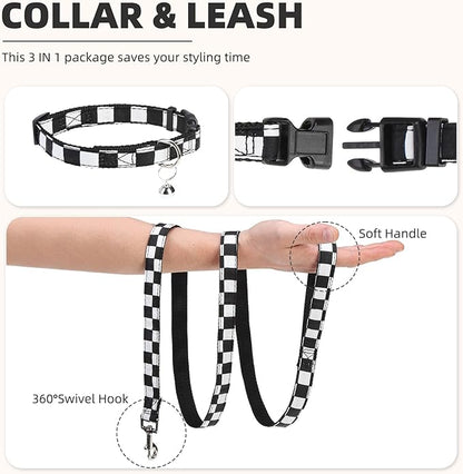 PUPTECK Adjustable Dog Harness Collar and Leash Set Step in No Pull Pet Harness for Small Medium Dogs Puppy and Cats Outdoor Walking Running, Checkered Black&White L