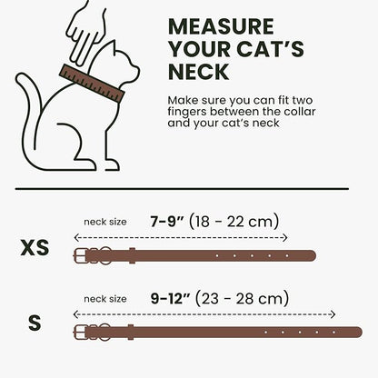BRONZEDOG Leather Cat Collar with Removable Bells Non Breakaway Kitten QR Tag for Girl Boy (7" - 9" for Cats, Dark Brown & Gold)