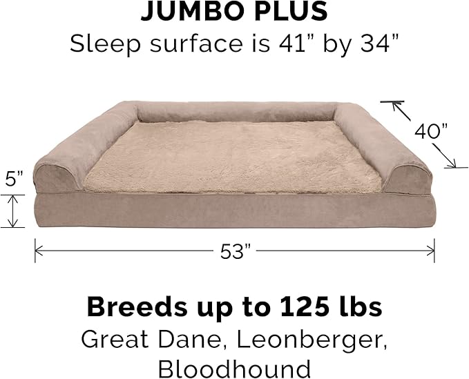 Furhaven Orthopedic Dog Bed for Large Dogs w/ Removable Bolsters & Washable Cover, For Dogs Up to 125 lbs - Plush & Suede Sofa - Almondine, Jumbo Plus/XXL