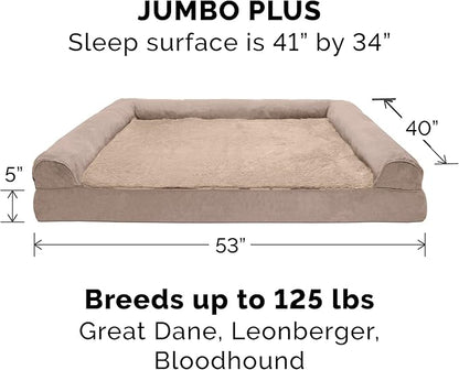 Furhaven Orthopedic Dog Bed for Large Dogs w/ Removable Bolsters & Washable Cover, For Dogs Up to 125 lbs - Plush & Suede Sofa - Almondine, Jumbo Plus/XXL