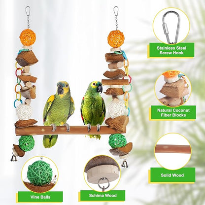 3-in-1 Parrot Toys Natural Coconut Fiber Parrot Hammock (Swing + Perch + Chew Toy) Natural Bird Perches for Medium Large Birds - 23" Bird Toys for Parrots Stand