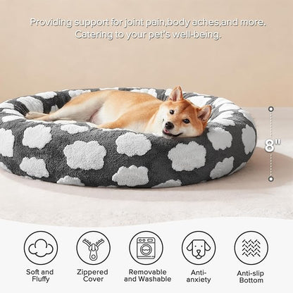 JOEJOY Donut Small Dog Bed, Round Cat Beds for Indoor Cats with Removable Washable Cover, Orthopedic Cute Puppy Kitten Pet Bed with Jacquard Shaggy Plush & Non Skid Bottom, Black