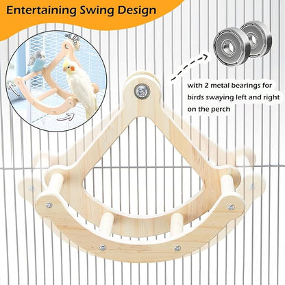 Bird Perch Toy, Interactive Rocking Parakeet Toys and Perches, Wooden Exercise Wheel Cockatiel Toys, Intelligence Puzzle Birds Enrichment Toy for Parrot, Bird Cage Accessories Perch for Budgies Conure