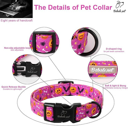 Halloween Dog Collar, Cute Pumpkin Bat Pattern Halloween Purple Puppy Collar, Soft Adjustable Cotton Dog Collars for Small Medium Large Boy&Girl Dogs S