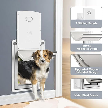 Steel Dog Door for Wall, Energy Efficient Pet Door, Telescoping Tunnel and Steel Frame, Double Magnetic Flaps and Two Sliding Lock Panels, Easy to Install, White, Medium