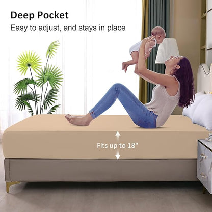 Waterproof Mattress Protector King, Fitted Sheet Style Breathable Mattress Cover with Deep Pocket Fits Up to 18'', Noiseless Bed Cover for Kids Adults Pets, Machine Washable (Light Tan, 76'' X 80'')