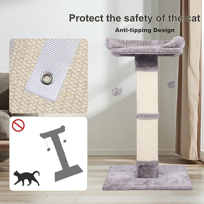 34" Tall Cat Scratching Post with Bed, Sisal Scratch Posts Trees with Plush Perch and Hanging Ball for Indoor Cats, Removable Cover, Large Scratch Post and Base, Rugged and Durable, Light Grey