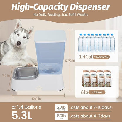 Automatic 5.4L/1.4Gal Pet Waterer, Automatic Dog Water Dispenser Gravity Stainless Steel Water Feeder, Large Capacity Feeding Bowls for Cats and Medium & Large-Sized Dogs (White, Food+Water)