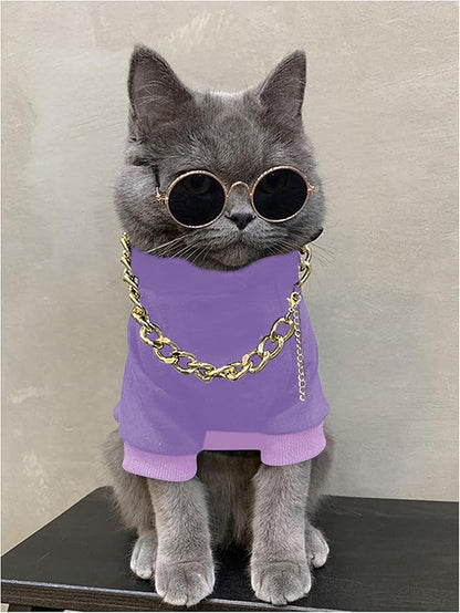 QWINEE 3Pcs Dog Hoodie Cat Apparel Dog Custume Set with Necklace and Sunglasses Pet Clothes for Puppy Small Medium Dogs Cats Mauve Purple Medium