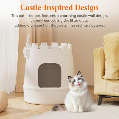Lifewit Cat Litter Box, Hidden Enclosure Litter Tray with Odor Control & Carbon Filter in Living Room, Bedroom, Corner with Castle Scratching Board& Plastic Scoop, 48 x 54 cm/19x20, White
