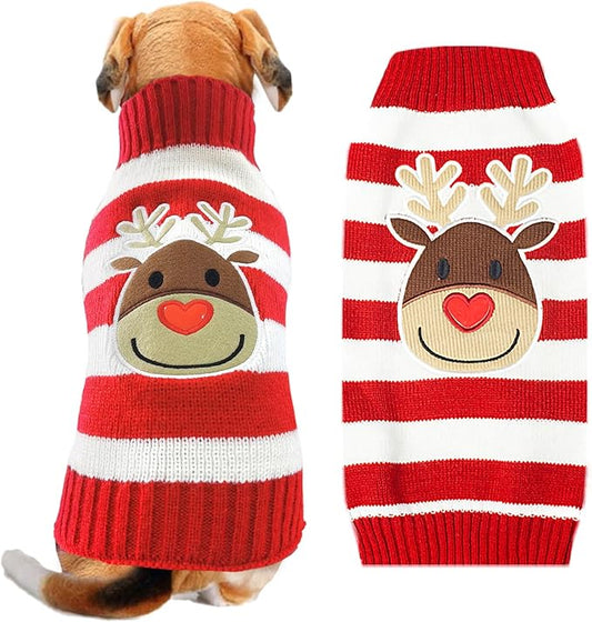 Dog Christmas Sweater Cute Striped Reindeer Xmas Pet Clothes Holiday Puppy Cat Costume New Year Gifts for Small Medium Large Dogs Jumpers (XL, Red White Stripe Reindeer)
