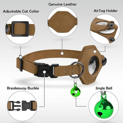 Breakaway Airtag Cat Collar with Removable Bell - Leather Pet Collar with Apple Air Tag Holder - Adjustable GPS Collars for Girl Boy Cats Kitten Puppy - Lightweight, Cute and Comfortable (Brown)