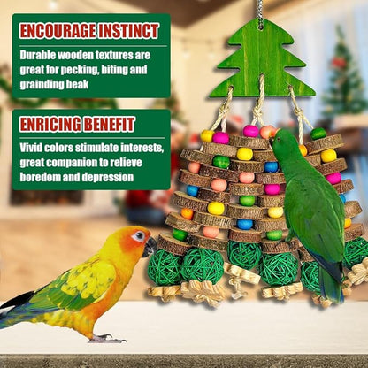 Parrot Toys, Large Bird Parrot Chewing Toys for Medium-Sized Macaws, Natural Wooden Blocks Christmas Tree Shape, African Grey Parrots, Amazon Parrots, Medium-Sized Bird