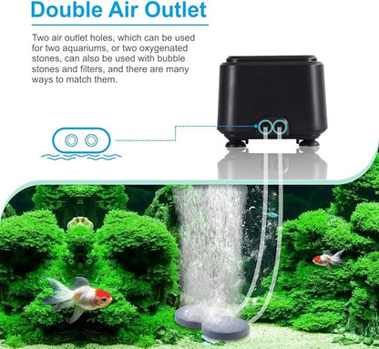 hygger Quiet <30dB Aquarium Air Pump, Adjustable Low Decibel Oxygen Fish Tank Pump 2 Air Outlets Ultra Silent Powerful Aerator Pump with Accessories Max 80GPH/160GPH/255GPH(5W, Up to 150Gallon)