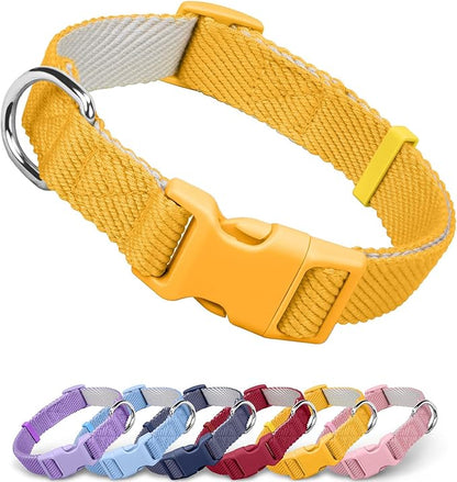 Dynmeow Soft and Breathable Cotton Dog Collar, Durable Adjustable Pet Collar with Quick-Release Buckle, Lightweight for Sensitive Skin for Small and Medium Dogs, Yellow, S