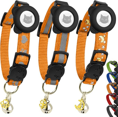 Cat Collar with AirTag Holders, 3-Pack, Reflective Breakaway Safety Collars, Bells and Matching Charms, Adjustable, Paw Hearts, Moon Stars Design, Lucky Charm, Red, Blue, Black (Orange)