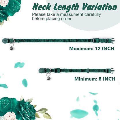 azuza 2 Pack Cat Collar Floral with Bell and Removable Flower Bowtie Breakaway Adjustable Velvet Fabric Cat Collar for Pets Festival Gift and Daily Decoration, Dark Green & Light Green