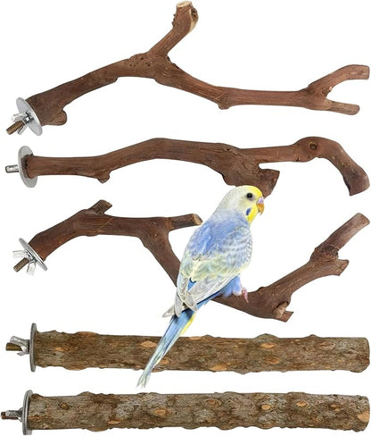 5 PCS Wood Bird Perches, Natural Grape Wood Branches with Mounts, Bird Stand and Paw Grinding Accessories, Cage Perches for Parakeet, Cockatiel, Conure, Budgie