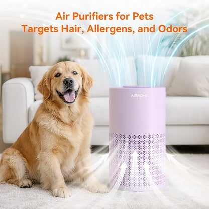 AIRROMI Air Purifier for Bedroom with HEPA 3-in-1 Filter, Pet Air Purifier for Home Cat Pee Smell, Covers Upto 990 Ft², Quiet 360°intake Air Cleaner for Pet Hair,Allergies,Pollen,Smoke A2001 Purple