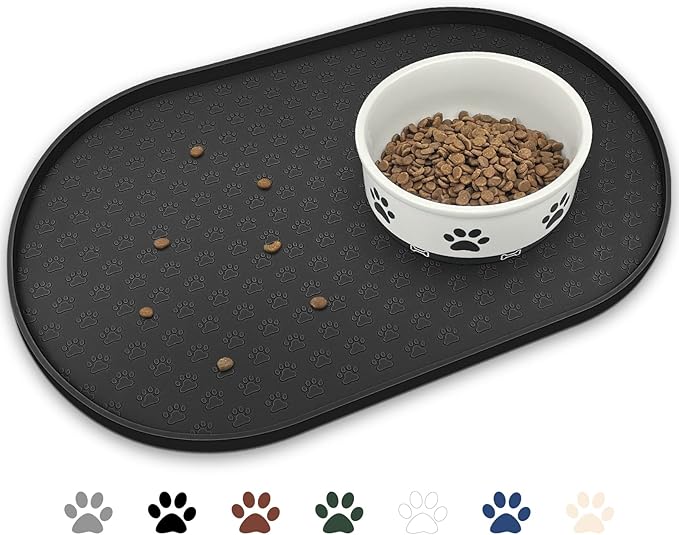 KPWACD Pet Feeding Mat for Dogs and Cats, Silicone Dog Placemat Non-Slip Waterproof Bowl Mats Prevent Food and Water Overflow, High-Lips Puppy Dish Tray Mat Suitable for Large Medium Small Pets, Black