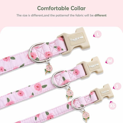 Faygarsle Pink Floral Dog Collar with Roses Pattern, Spring Summer Design for Small Medium Large Dogs M