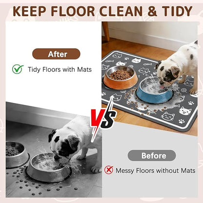 Dog Food Mat for Bowls, Absorbent Quick Dry Dog Cat Mats for Food and Water, Non-Slip Backing Pet Mat Pet Supplies - Cute Cat Pattern