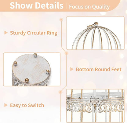 NUPTIO Decorative Bird Cage Lantern: 2 Set of 10 inch Tall Rustic White Birdcage Lanterns Centerpiece Vintage Decorating Metal Pillar Candle Holder for Christmas Bridal Shower Party Decor